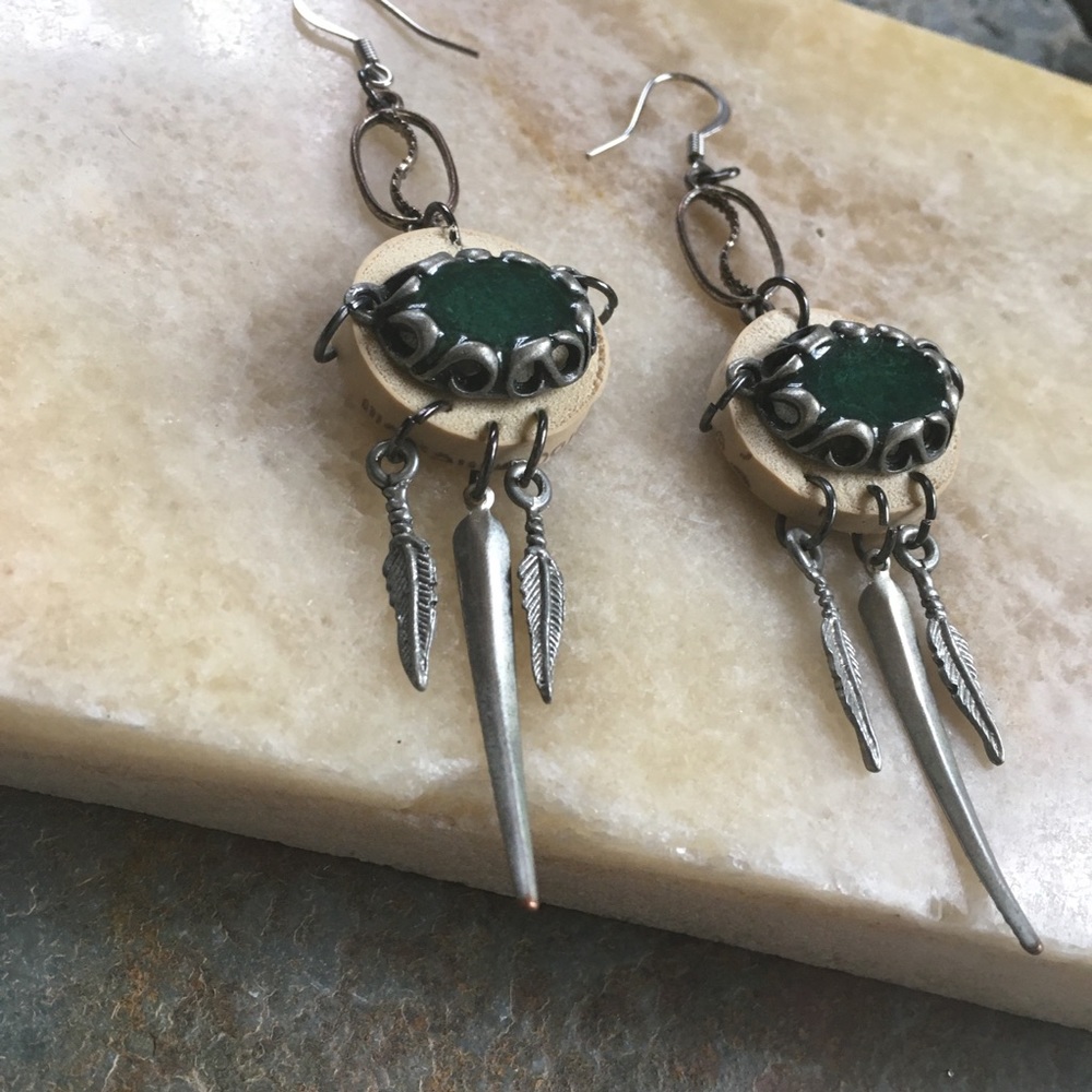 Handmade turquoise recycled wine cork feather native inspired long earrings